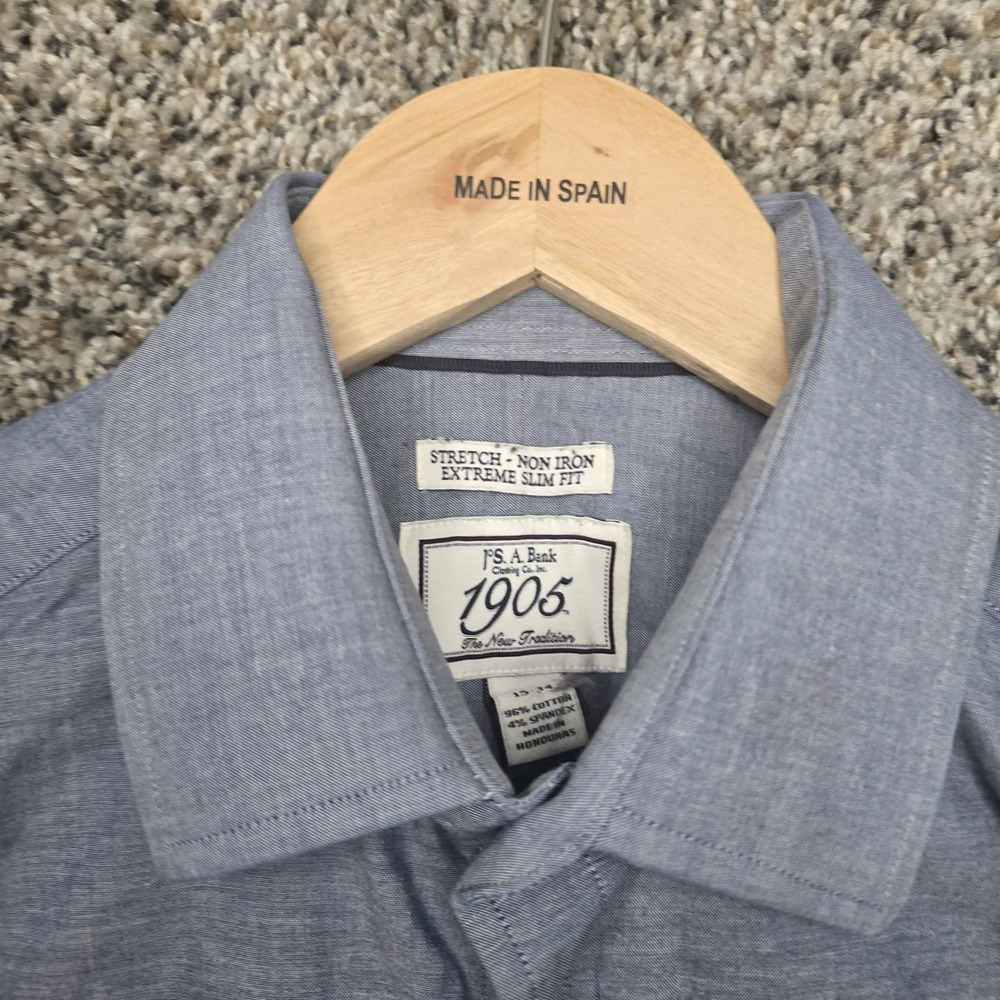 Jos A‎ Bank Dress Shirt Mens 15 34 Blue Button Stretch Non Iron Extreme Slim Fit - Picture 6 of 8